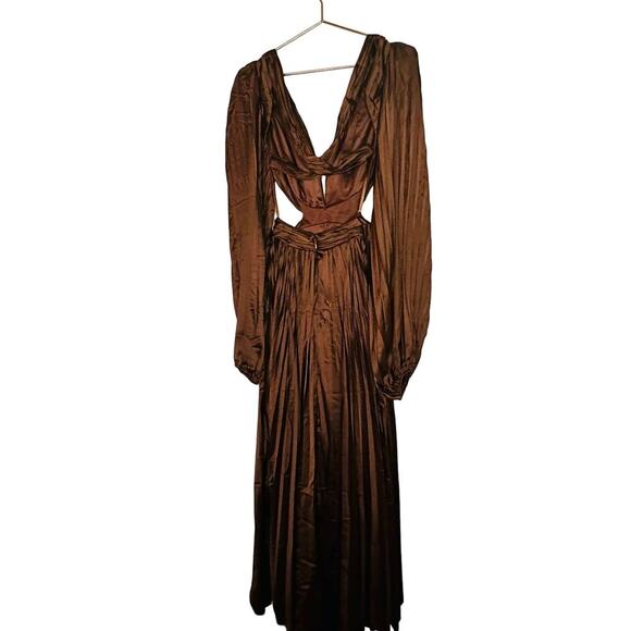 Ieena for Mac Duggal Brown Long Sleeve Pleated Full Skirt Cut Out Sides Gown 6 - Picture 5 of 16